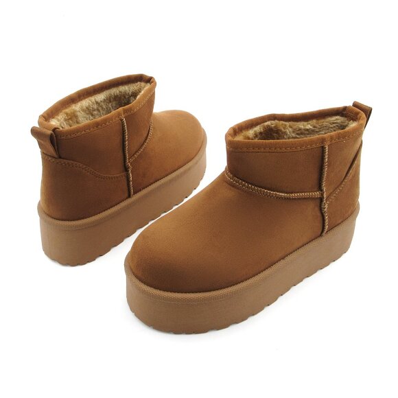 Women CAMEL Winter Slip On Warm Fur Suede Snow Ankle Boots Slipper 2 Inch Sole - Picture 2 of 5